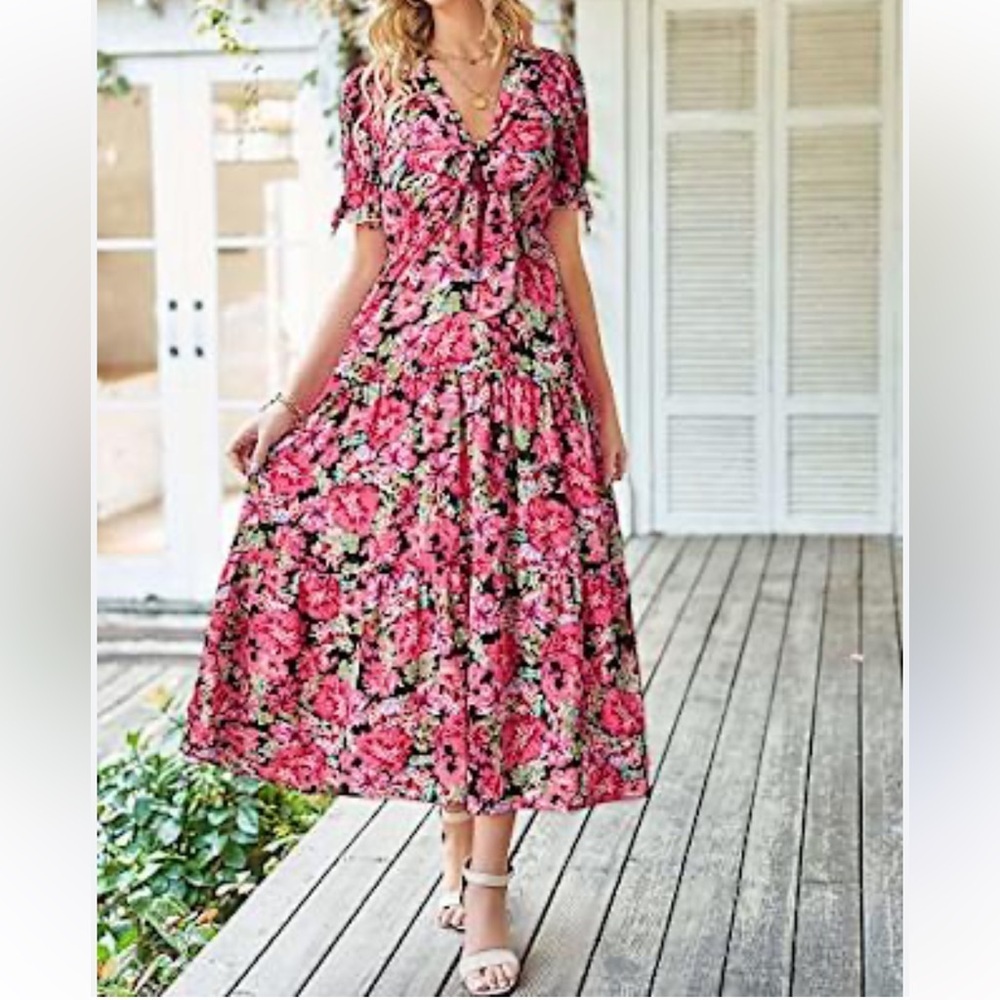 Pink and Black Maxi Sundress floral boho and puff Sleeves and bows cottagecore